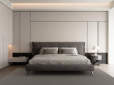 Modern Bedroom Interior Design With Gray Bed Nightstands Table Lamps Rug And White Wardrobes 3d model