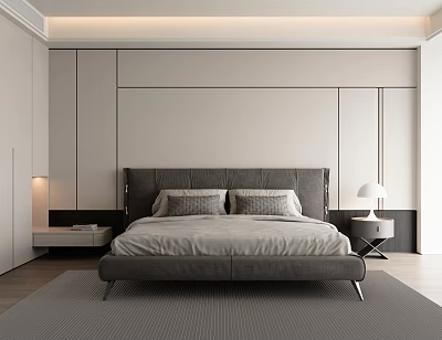Modern Bedroom Interior Design With Gray Bed Nightstands Table Lamps Rug And White Wardrobes 3d model