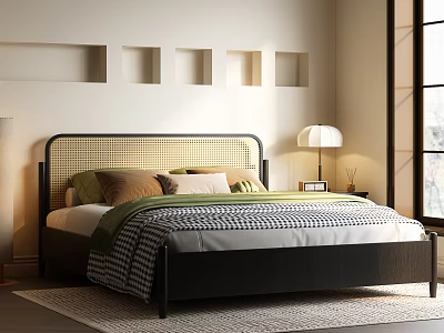Cozy Modern Bedroom Interior With Wicker Headboard Plush Pillows And Wall Niches 3d model