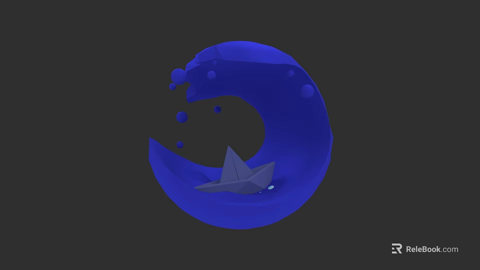 Wooden Boat Floating On Blue Wave With Water Droplets Against Dark Background 3d model 