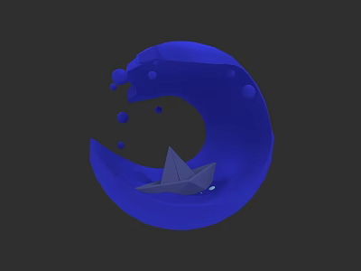 Wooden Boat Floating On Blue Wave With Water Droplets Against Dark Background 3d model