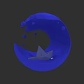 Wooden Boat Floating On Blue Wave With Water Droplets Against Dark Background