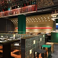 Modern Restaurant Interior Featuring Green Pillars Black Shiny Ceiling Central Counter And Stylish Stools