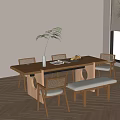 Wind Dining Table and Chair Combination Solid Wood Dining Table Solid Wood Dining Chair Chandelier Bench Rectangular 3d model