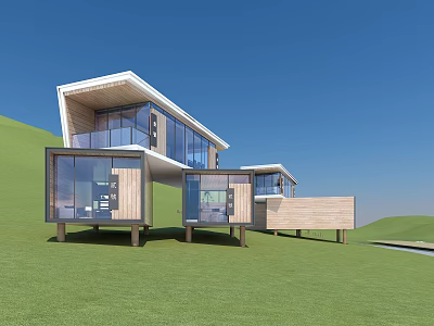 Modern Wooden House with Large Glass Windows Cantilever Design on Green Grassland under Blue Sky 3d model