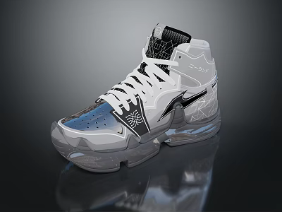 White Black And Blue High Top Sneakers With Stylish Patterns And Transparent Sole 3d model