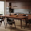 Modern Restaurant Dining Area With Wooden Table Black Chairs And Open Kitchen