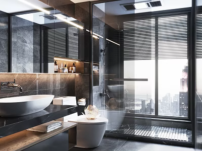 Modern Bathroom Interior With Glass Shower Window Blinds And City View 3d model