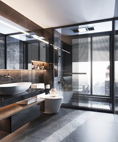 Modern Bathroom Interior With Glass Shower Window Blinds And City View 3d model