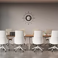 Modern Office Interior With Long Meeting Table White Office Chairs Gray Wall And Clock Decoration