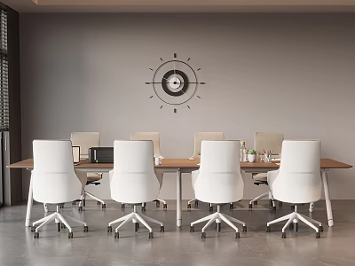 Modern Office Interior With Long Meeting Table White Office Chairs Gray Wall And Clock Decoration 3d model