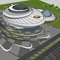 Modern Circular Architectural Building With Contemporary Design Green Grass Urban Road And Open Space
