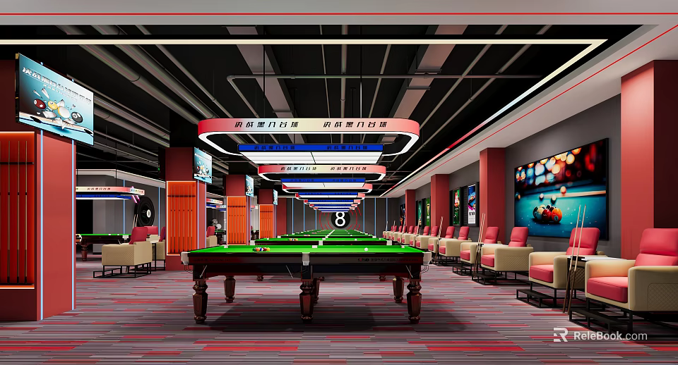 Spacious Modern Billiard Room Interior With Green Table Comfortable Seats And Ceiling Lighting 3d model 