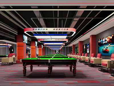 Spacious Modern Billiard Room Interior With Green Table Comfortable Seats And Ceiling Lighting 3d model