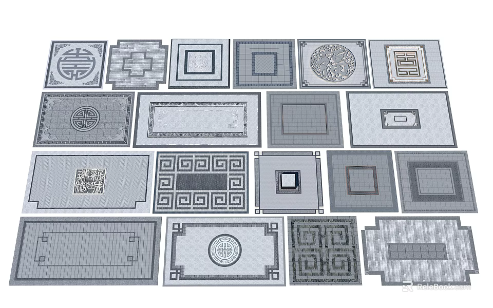 Various Decorative Garden Ornaments With Square Circular Patterns And Traditional Designs 3d model