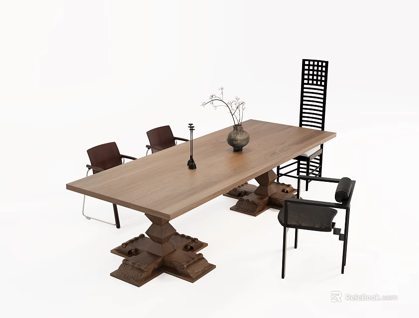 Industrial Style Wooden Dining Table With Metal Legs And Lattice Back Chairs 3d model 