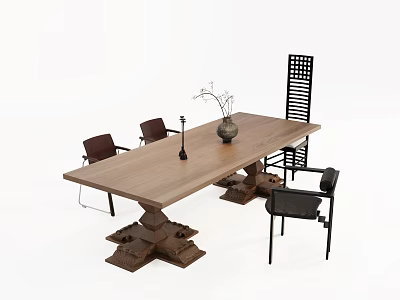 Industrial Style Wooden Dining Table With Metal Legs And Lattice Back Chairs 3d model