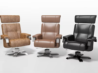 Three Modern Office Chairs In Different Leather Colors With Adjustable Backrest And Swivel Base 3d model