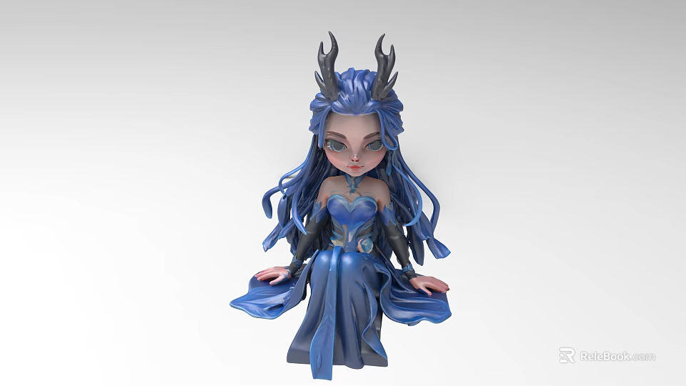 Game and Movie Character Featuring Blue Long Hair Black Horns Blue Dress And Chest Gem 3d model 