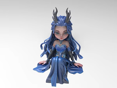 Game and Movie Character Featuring Blue Long Hair Black Horns Blue Dress And Chest Gem 3d model