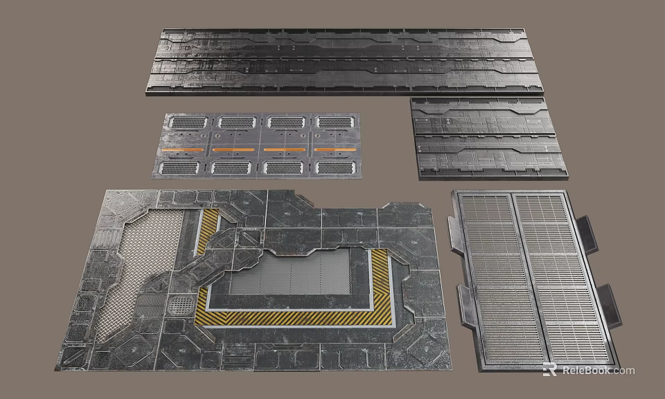 Industrial Metallic Floor Panels With Grid Design And Yellow Stripe Details 3d model 