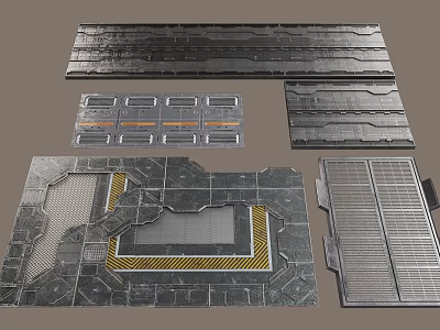 Industrial Metallic Floor Panels With Grid Design And Yellow Stripe Details 3d model