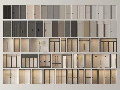 Modern Interior Hinged Doors Showcasing Various Panel Designs And Neutral Color Tones 3d model