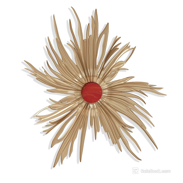 Golden Radiating Wall Decor With Central Red Circle And Metal Strips 3d model 