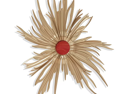 Golden Radiating Wall Decor With Central Red Circle And Metal Strips 3d model