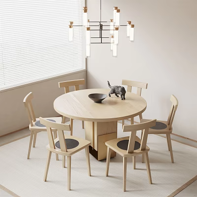 Minimalist Modern Wooden Round Dining Table Set With Six Chairs And Hanging Pendant Light 3d model