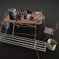 Rustic Vintage Wooden Table With Chair Bench And Old Kitchen Items