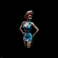 Stylish Female Character With Red Curly Hair White Headband And Blue Tight Dress Posing