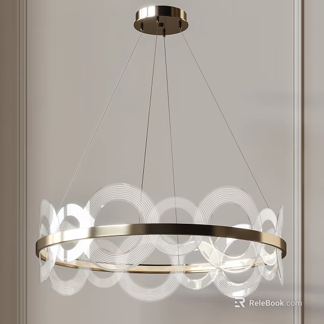 Contemporary Golden Ring Chandelier Featuring White Circular Patterns And Soft Illumination 3d model 