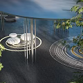 Modern Pergola With Curved Roof Metal Pillars And Trees In Outdoor Park Setting