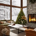 Cozy Living Room with Christmas Tree Fireplace Snowy View Outside Window Sofa Coffee Table