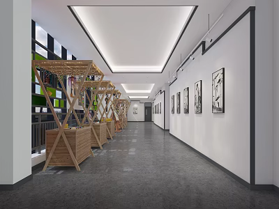 Modern Elevator Hallway Interior Design With White Walls Black Framed Artworks Wooden Decor And Ceiling Lighting 3d model