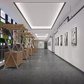 Modern Elevator Hallway Interior Design With White Walls Black Framed Artworks Wooden Decor And Ceiling Lighting