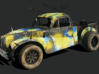 Vintage Modified Truck With Yellow Blue Camouflage Paint And Large Off Road Tires 3d model