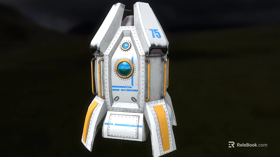 Silver White Rocket Model With Blue Window Yellow Stripes And Number 75 3d model
