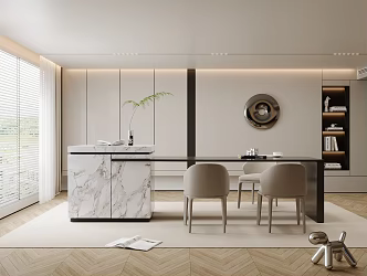 Modern Restaurant Simple Dining Table and Chair Water Bar Accessories Wall Decoration Pendant Venetian Blinds Green Plant Books 3d model