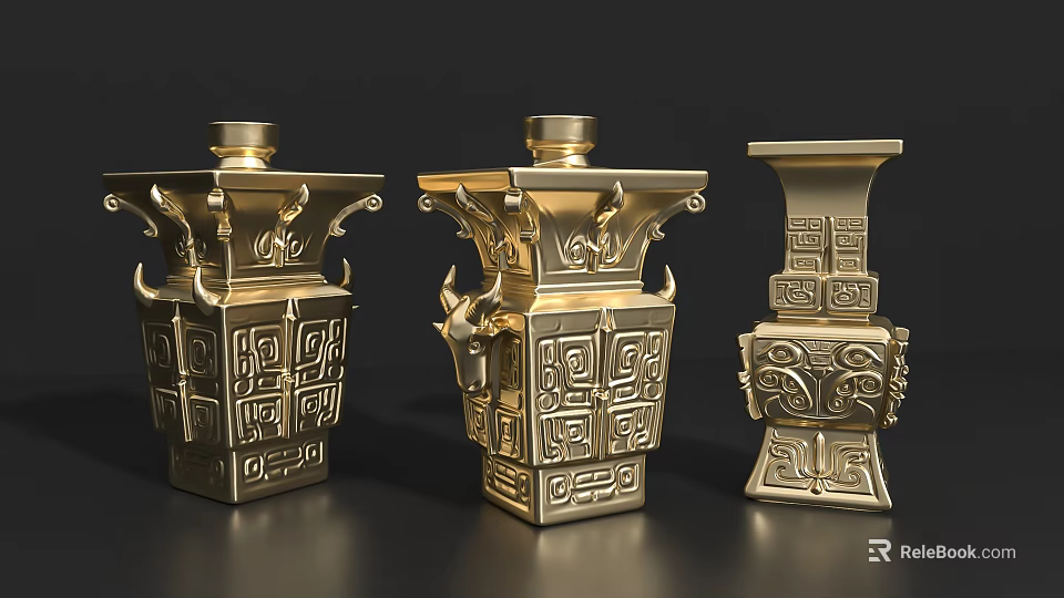 Ornate Golden Ceramic Vessels with Traditional Patterns Geometric Designs and Animal Head Accents 3d model 