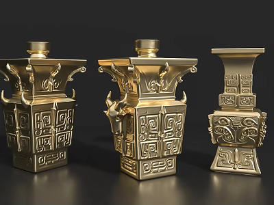 Ornate Golden Ceramic Vessels with Traditional Patterns Geometric Designs and Animal Head Accents 3d model