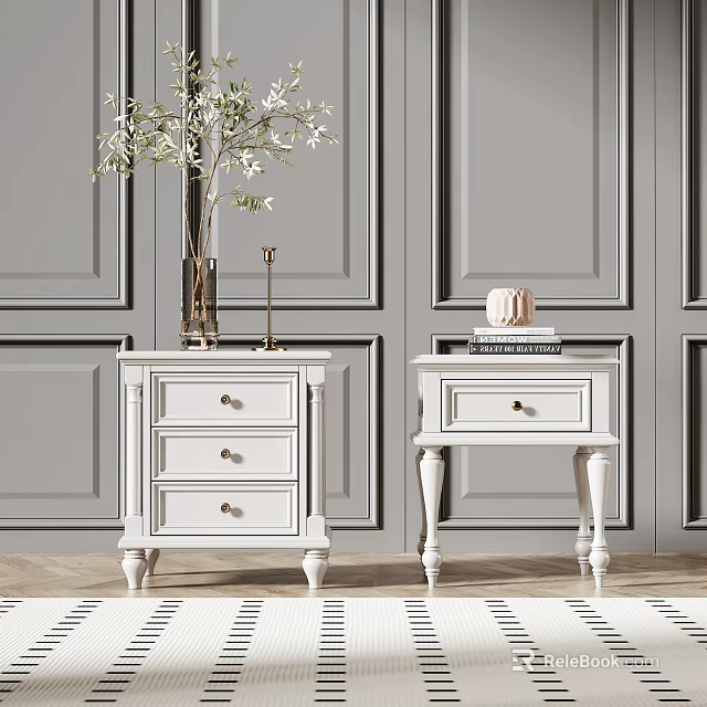 Classic White Bedside Tables With Drawers And Decor On Gray Paneled Wall Background 3d model 