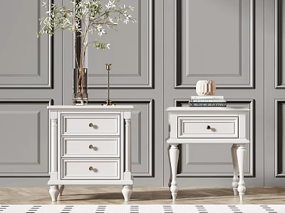 Classic White Bedside Tables With Drawers And Decor On Gray Paneled Wall Background 3d model