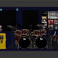 Professional Drum Set And Music Equipment In Blue Room With Orange Floor And Posters