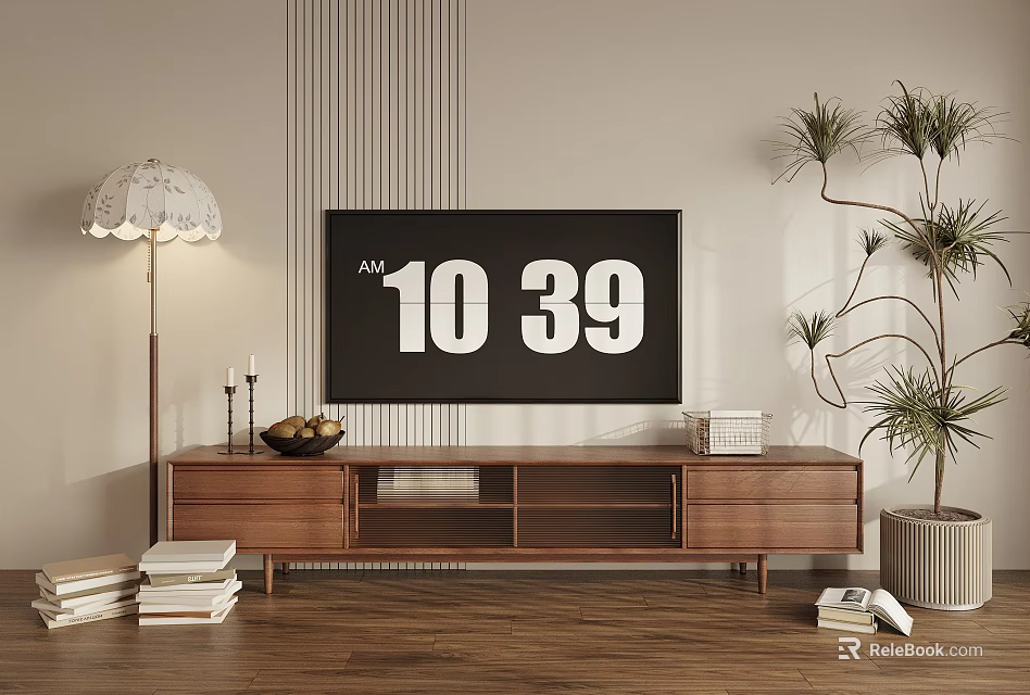 Walnut TV Stand with TV Floor Lamp Potted Plant Books and Striped Wall Decor 3d model 