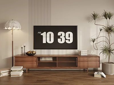 Walnut TV Stand with TV Floor Lamp Potted Plant Books and Striped Wall Decor 3d model