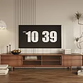 Walnut TV Stand with TV Floor Lamp Potted Plant Books and Striped Wall Decor
