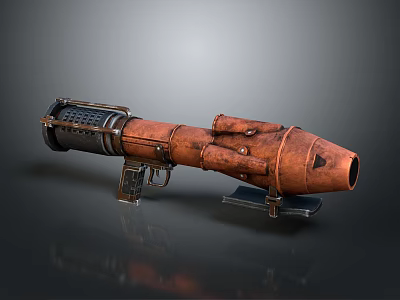Rusty Metal Rocket Launcher With Vintage Mechanical Parts And Support Stand 3d model