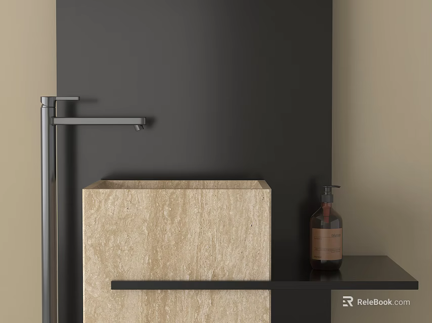 Minimalist Beige Washbasin With Black Faucet And Soap Bottle On Dark Wall 3d model 